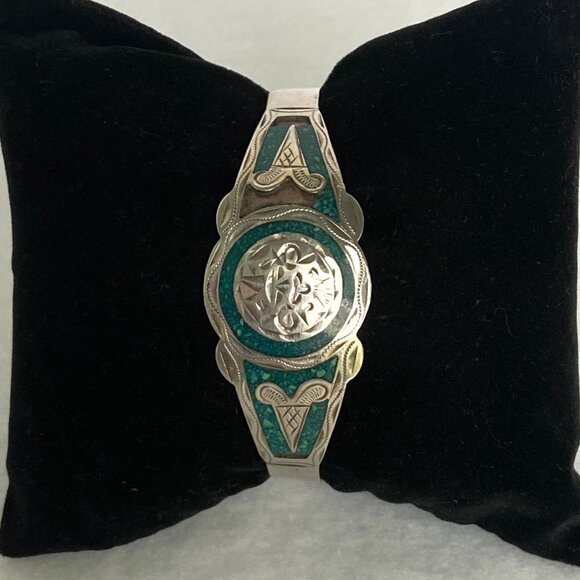 VTG Sterling Silver 925 Mexico Crushed Stone Aztec Cuff Bracelet FLAW Sz 6.25 - Picture 12 of 16